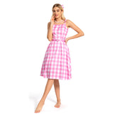 2023 Movie Margot Robbie Pink Plaid Long Dress Outfits Cosplay Costume